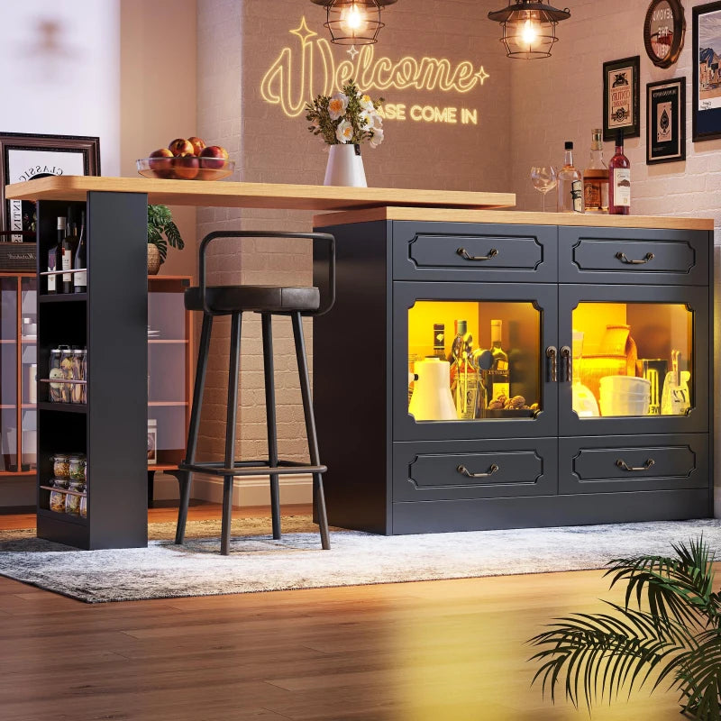 360° Rotating Bar Table with Spice Rack & Extendable Kitchen Island - 4 Drawers, Black, 135-203L x 39W x 93H cm
