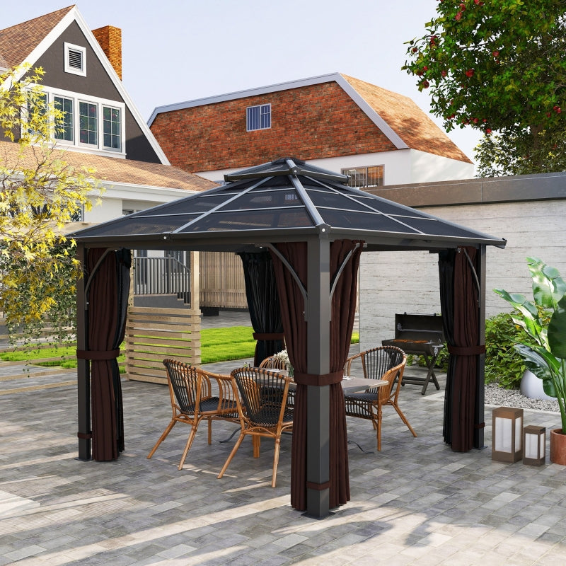 3x3m Brown Hardtop Gazebo Canopy with 7mm Double Polycarbonate Roof, Permanent Garden Pavilion with Mosquito Netting and Curtains for Patio and Deck