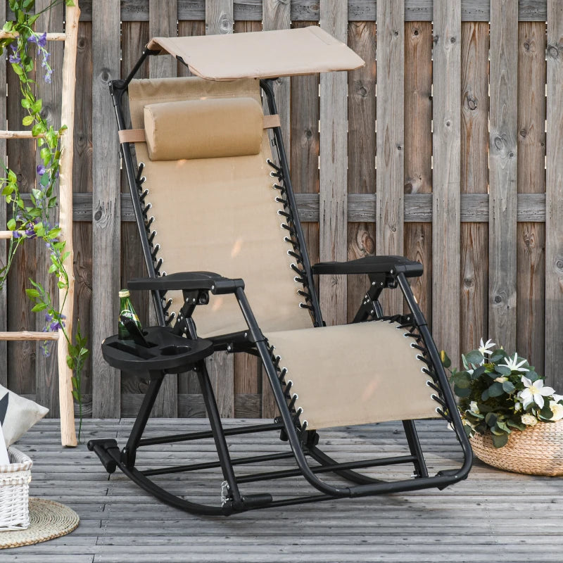 Beige Folding Rocking Sun Lounger Chair with Headrest and Side Holder