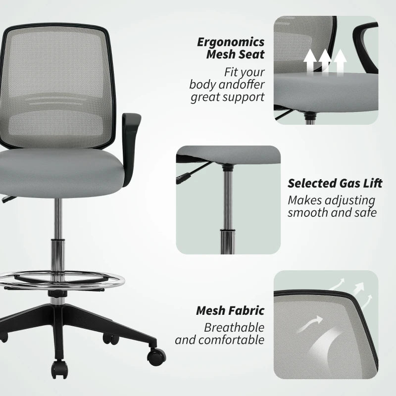 Vinsetto Light Grey Draughtsman Office Chair with Footrest - Adjustable Height, Ergonomic Design, 100-120cm for Comfort & Style
