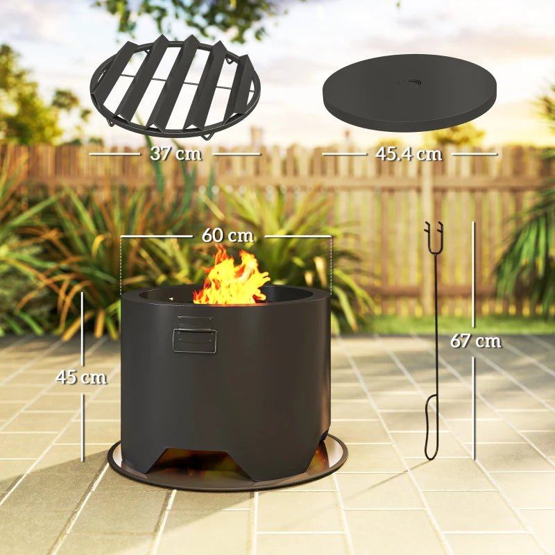 Outdoor Round Fire Pit with Lid & Poker - Durable Black Steel Design for Backyard Patio Heating & Ambiance