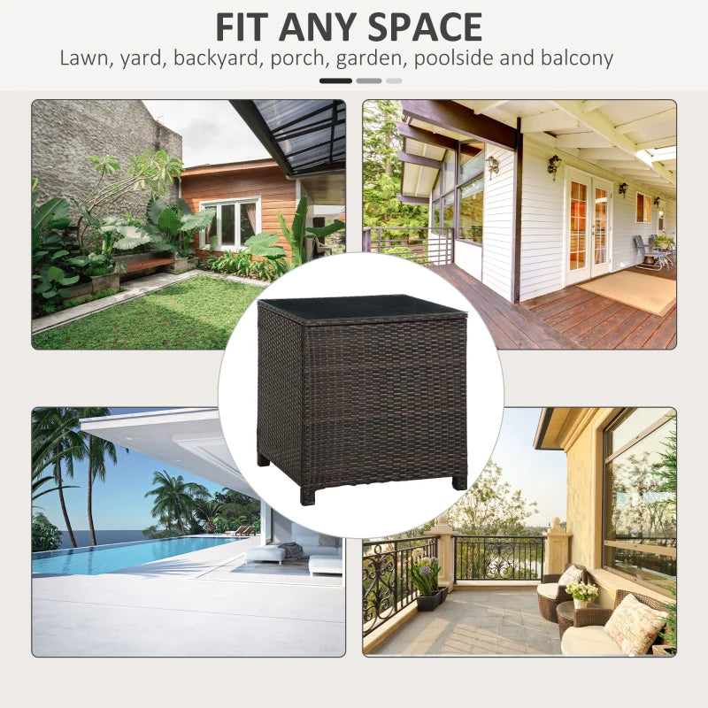 Brown Rattan Patio Side Table with Tempered Glass Top