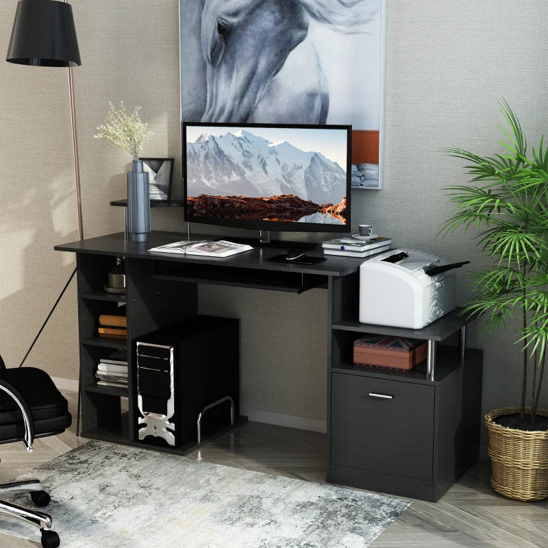 Modern Black Computer Desk with Drawer & Shelves - PC Workstation & CPU Storage Rack for Home Office - 152x60x88cm