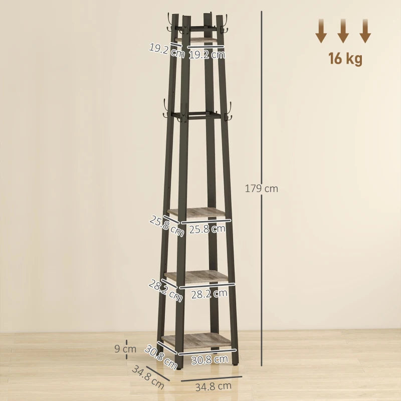 Industrial-Style Four Shelf Coat Stand - Modern Grey and Black Entryway Organizer for Coats, Hats, and Accessories
