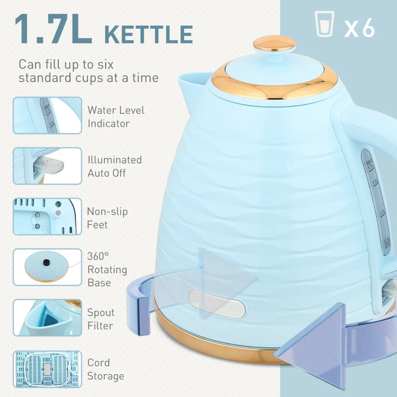Light Blue 3000W Kettle & 4 Slice Toaster Set - 1.7L Capacity, 7 Browning Controls, Easy Clean Crumb Tray