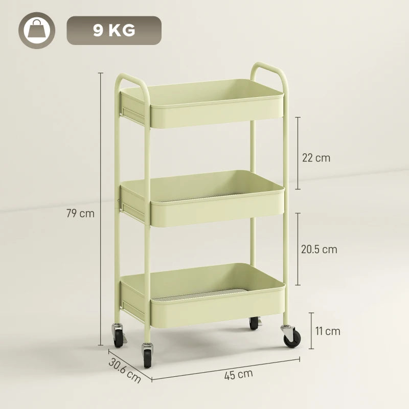 Three-Tier Green Steel Storage Trolley - Versatile Organizer Cart for Home, Office, Kitchen & Garage