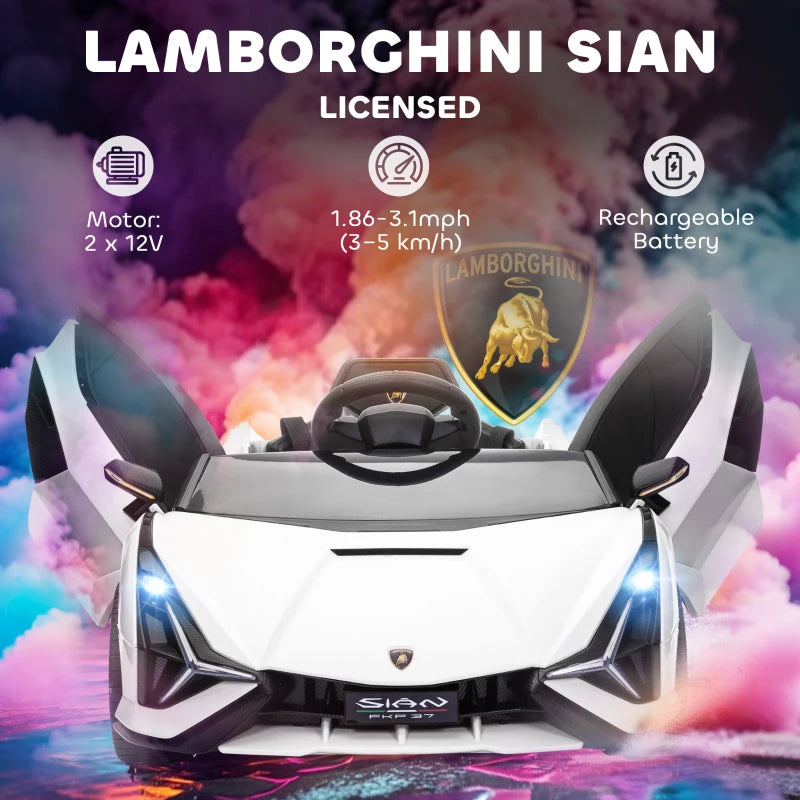 Lamborghini Sian 12V Electric Kids Car - Licensed Toy with Remote Control, Music, Lights & MP3 for Ages 3-5 - White
