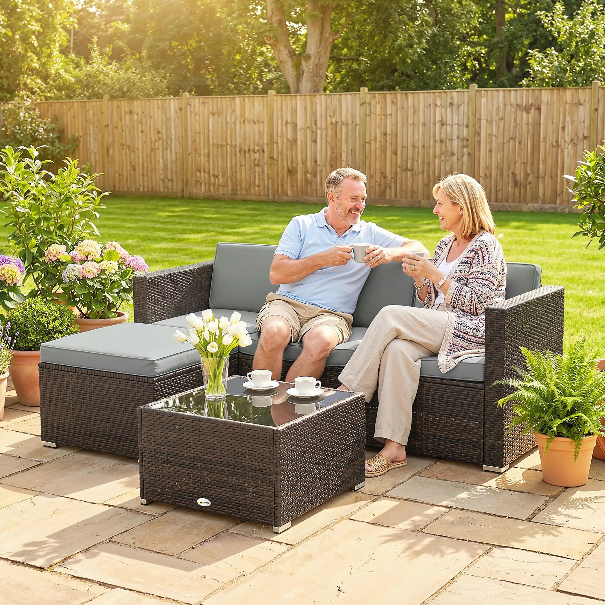 Light Grey 3-Piece Rattan Corner Lounge Set with Cushions – Compact Garden Conversation Sofa Suite