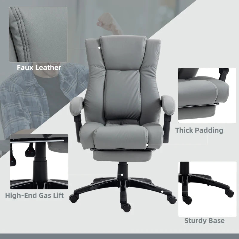 Vinsetto Grey PU Leather Office Chair with Footrest, Swivel Design, Adjustable Height, Wheels - Ergonomic Computer Chair