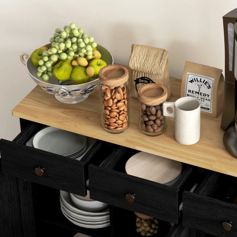 Stylish Black Wood-Effect Sideboard with Rubberwood Top & Adjustable Shelves - Perfect for Dining Room & Kitchen Storage