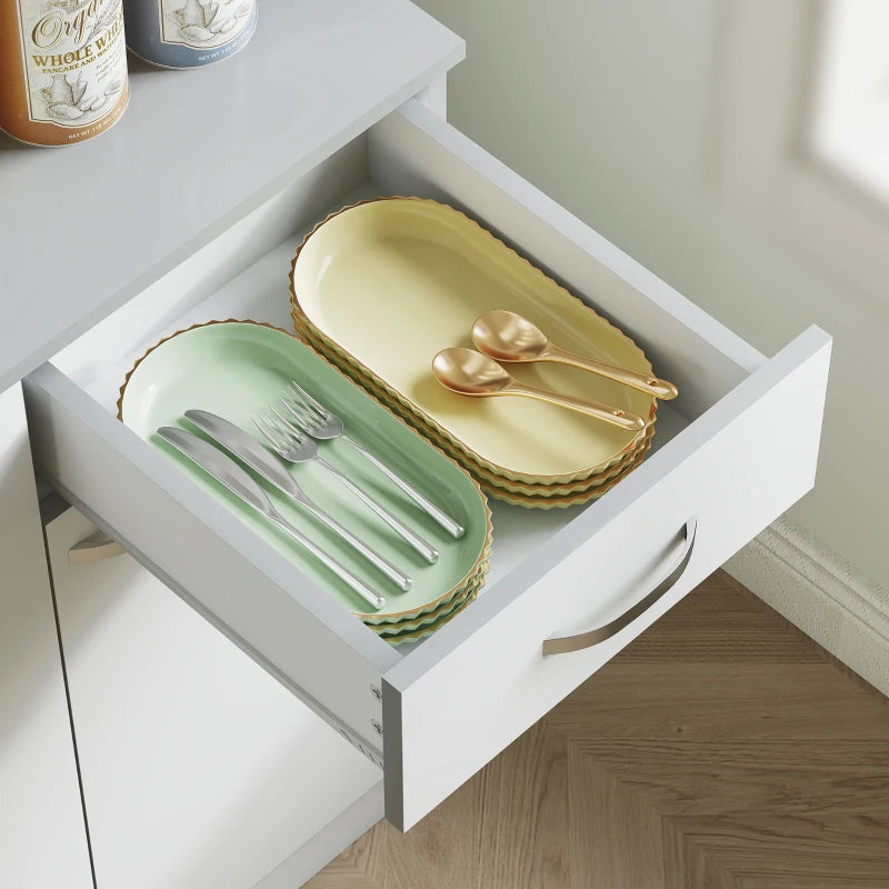 Freestanding White Kitchen Storage Cabinet with 6 Doors Adjustable Shelves and Open Countertop