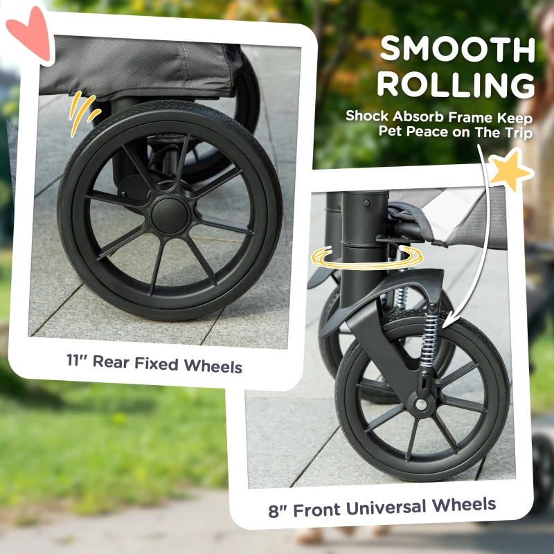 Foldable Large Dog Pet Stroller with 4 Big Wheels Shock-Absorbing Frame Safety Leashes and Brakes Dark Grey