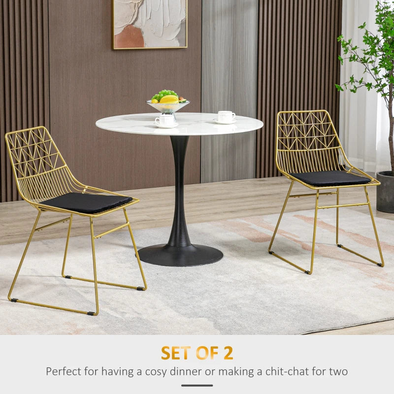 Luxurious Set of 2 Dining Chairs - Metal Wire Kitchen Chairs with Velvet Cushions, Cut-out Back & Gold Steel Frame