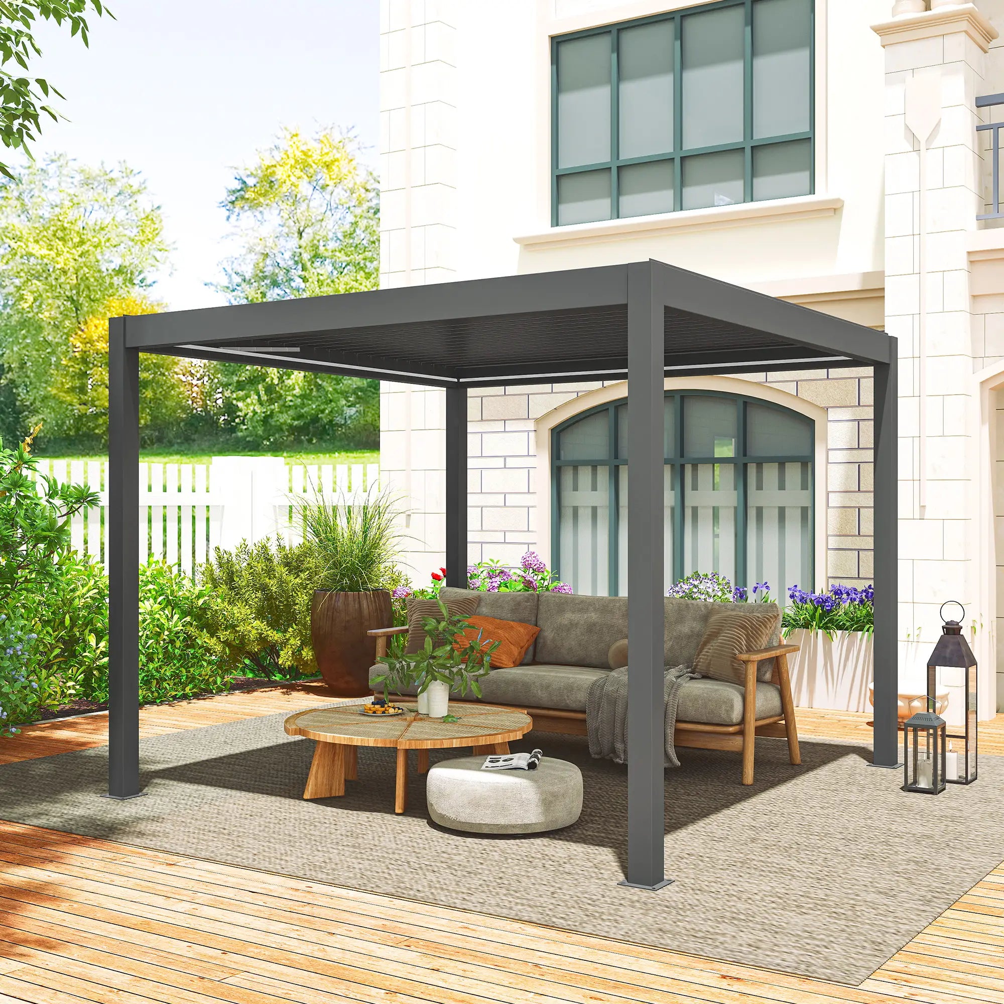 3m x 3m Electric Louvered Pergola with LED Lights - Solid Aluminium Hardtop Gazebo with Remote, Adjustable Roof and Drainage System, Water and UV Resistant