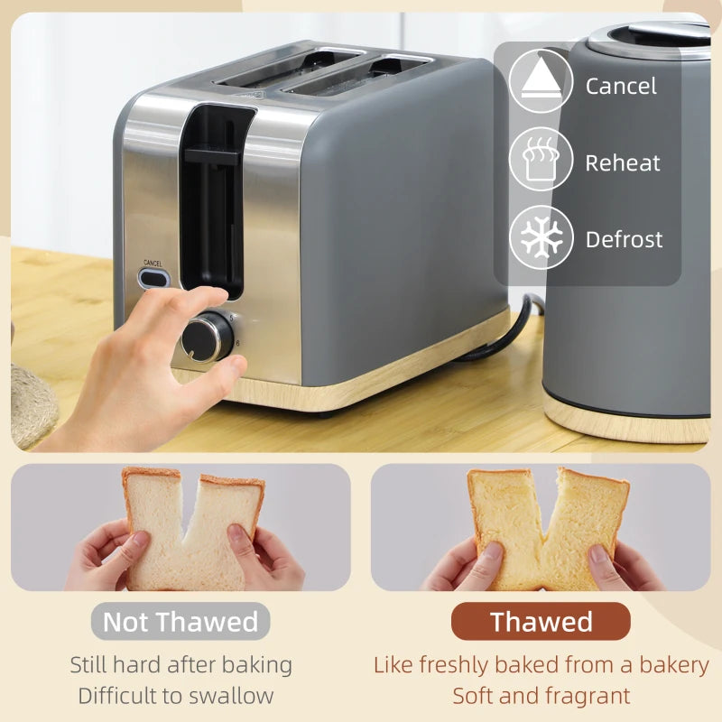 Stainless Steel Kettle & Toaster Set - 1.7L Fast Boil Kettle 3000W & 2 Slice Toaster with 7 Browning Levels, Grey