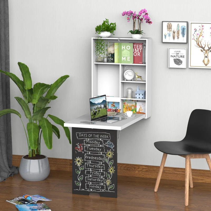 Folding Wall-Mounted Drop-Leaf Table with Chalkboard & Storage Shelf - Multifunctional Floating Desk for Home Office - White