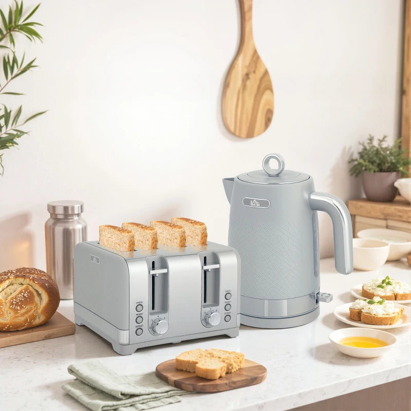 Sleek Grey Textured Kettle & Four-Slice Toaster Set - Modern Kitchen Appliances for Stylish Cooking