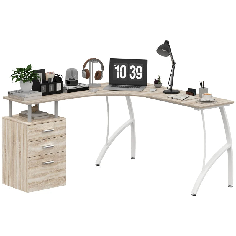 L-Shaped Computer Desk with Storage Drawer - Industrial Home Office Corner Workstation for A4 Files, Oak Finish, 143.5cm