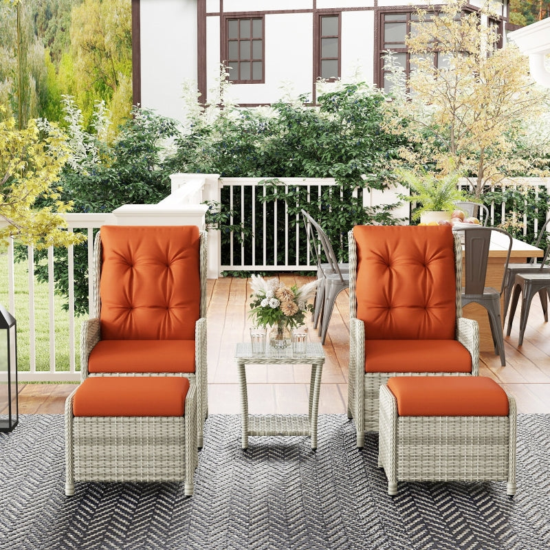 5-Piece Orange Rattan Bistro Set - Adjustable Back Reclining Wicker Balcony Furniture with Cushions, Glass Top Coffee Table and Footstools - Outdoor Table and Chairs