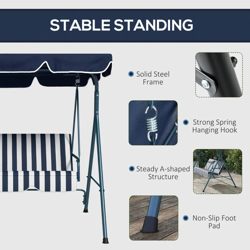 Blue Striped 3-Seater Garden Swing Chair with Adjustable Canopy