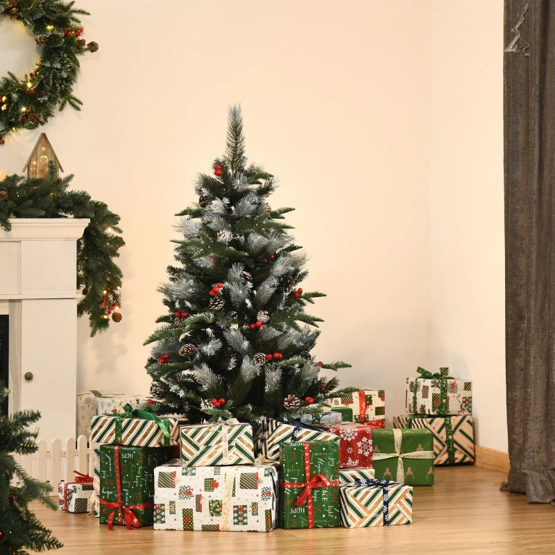 4FT Snow Dipped Christmas Pencil Tree with Red Berries & White Pinecones - Foldable Holiday Decoration for Home Parties
