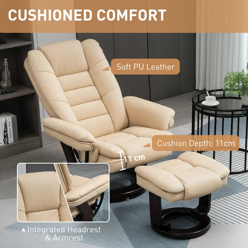 Beige Faux Leather Reclining Chair with Footstool - 135° Adjustable Comfort for Home or Office