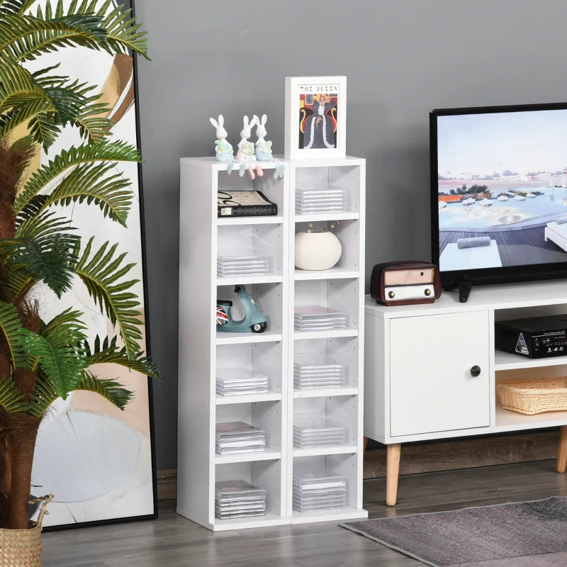 Set of 2 White CD Media Display Shelves - Adjustable Blu-Ray Tower Rack & Bookcase Storage Organizer