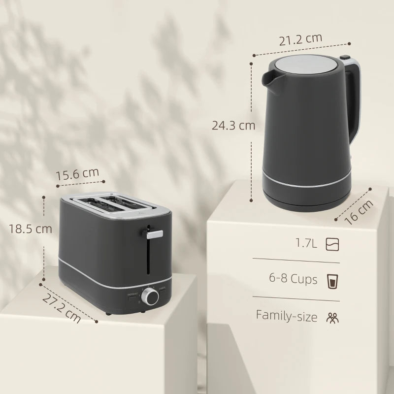 Premium Grey Kettle and Toaster Set - 1.7L Fast Boil 3000W Kettle & 2 Slice Toaster with 6 Browning Levels