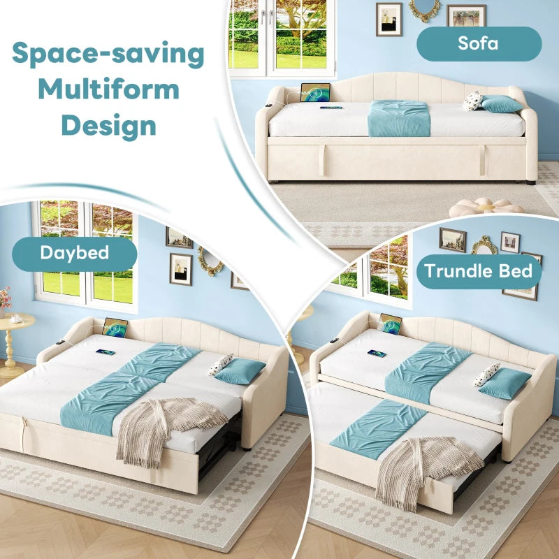 Beige Velvet Upholstered Daybed with USB & Type-C Ports, Convertible Sofa Bed & Pull-Out Trundle, 202x193x78 cm