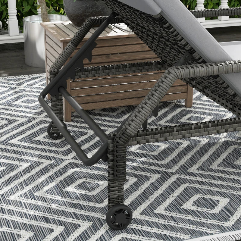 Rattan Wicker Outdoor Sun Lounger - Grey, Adjustable Backrest, 2 Wheels