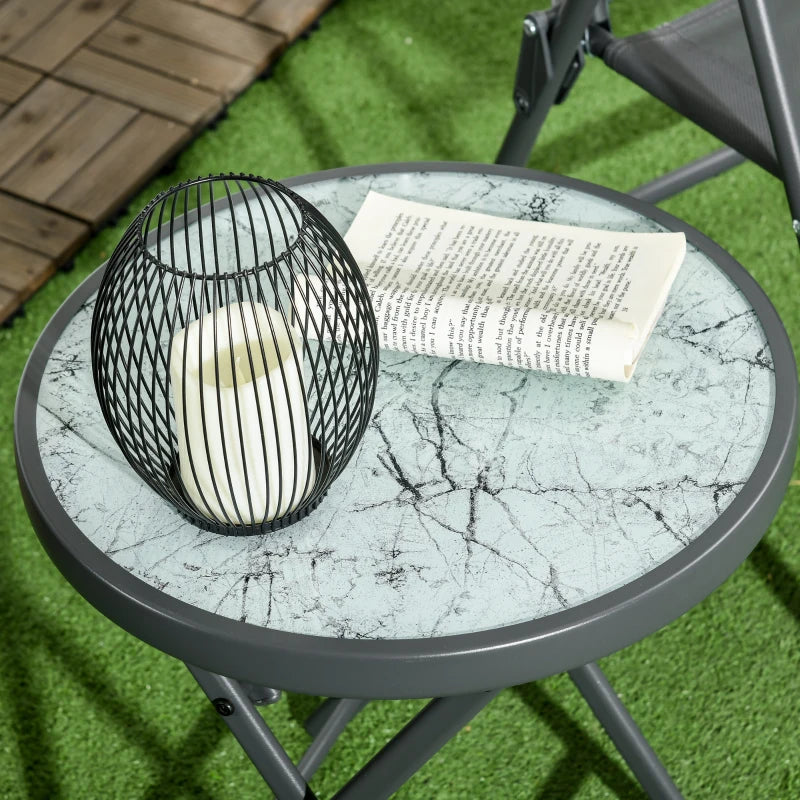 45cm Round Folding Garden Side Table - Outdoor Patio Coffee Table with Imitation Marble Glass Top - White