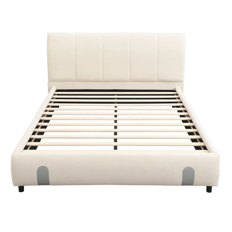 4ft6 Upholstered Double Bed - Velvet Frame with Soft Headboard & Sturdy Slats for Adults & Teens, White, 213x152x89 cm