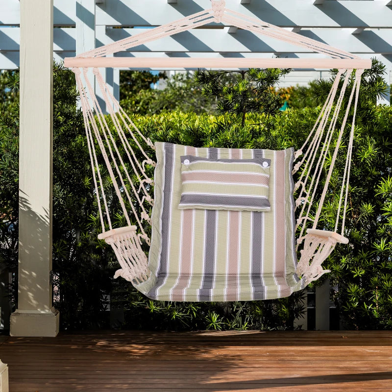 Multicoloured Striped Hanging Hammock Chair with Wooden Arms