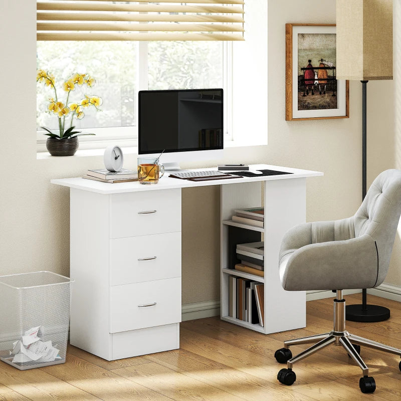 Modern White Computer Desk with 3 Storage Shelves & Drawers, Stylish Writing Table for Home Office, Silver Handle