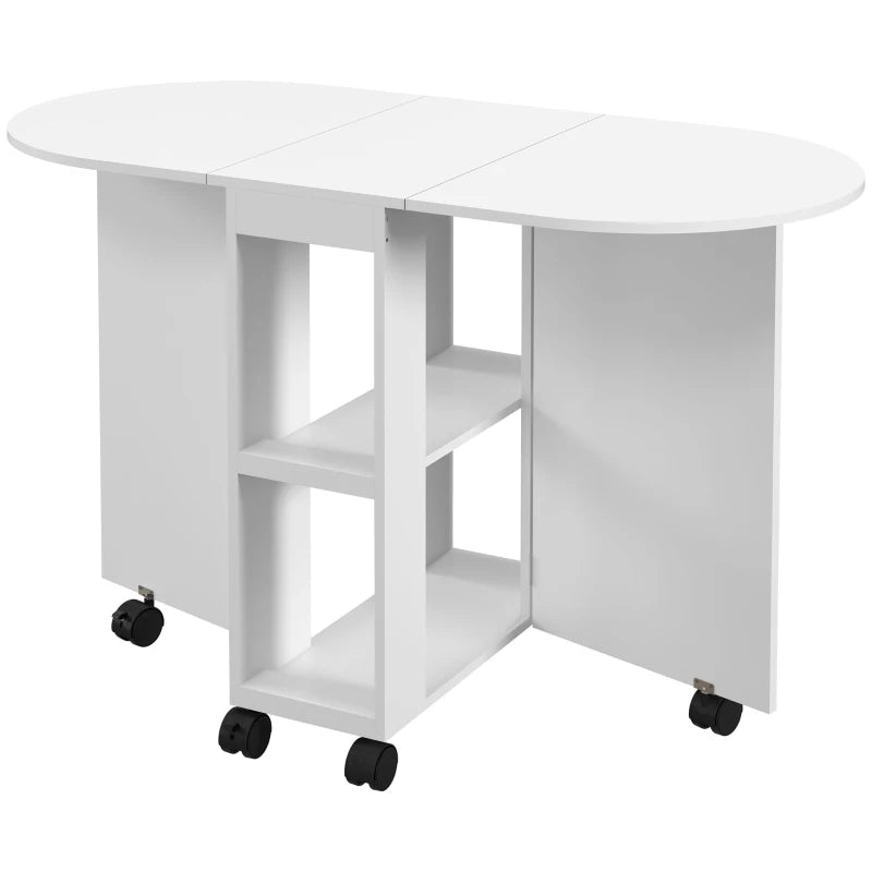 Versatile Four-Person Drop Leaf Dining Table on Wheels - Stylish White Finish for Space-Saving Dining Solutions