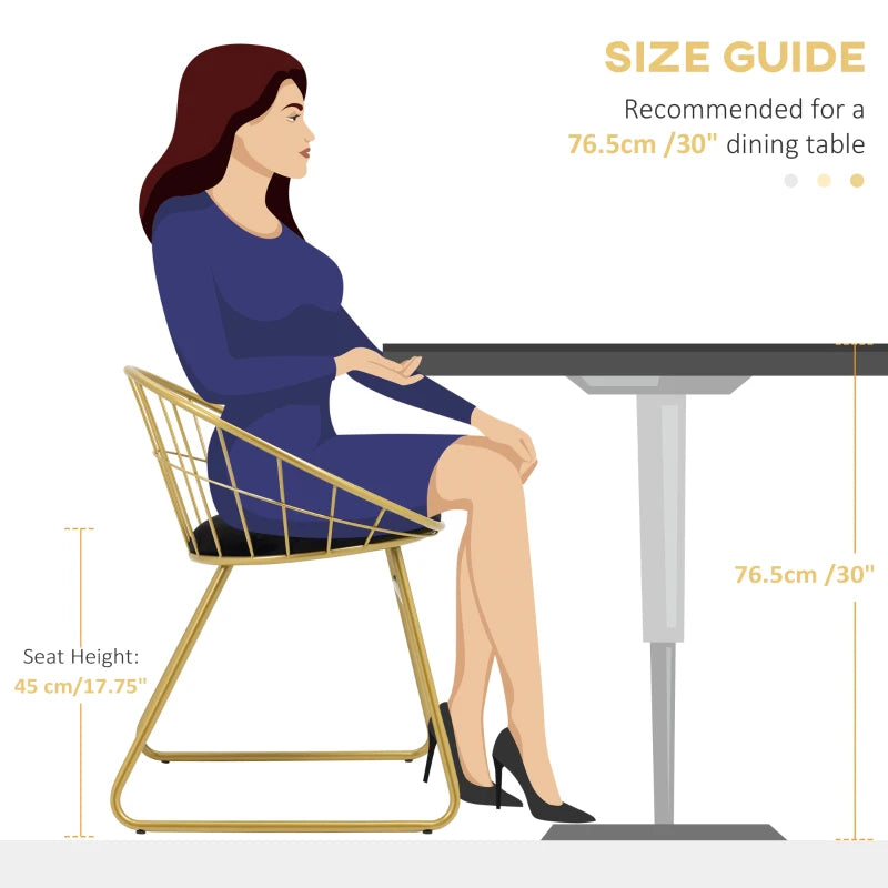 Modern Dining Chairs Set of 2 - Velvet Cushion, Round Back, Metal Wire Frame, Stylish Gold Accent for Kitchen & Living Room