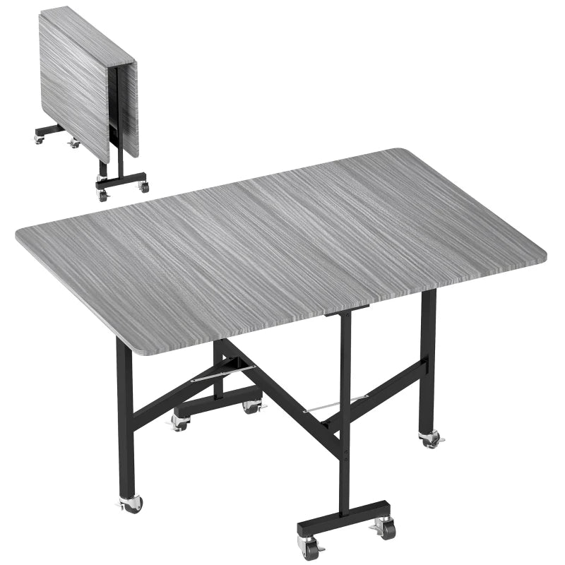 Unique Six-Seater Drop-Leaf Dining Table on Wheels - Stylish Grey Wood-Effect for Modern Homes