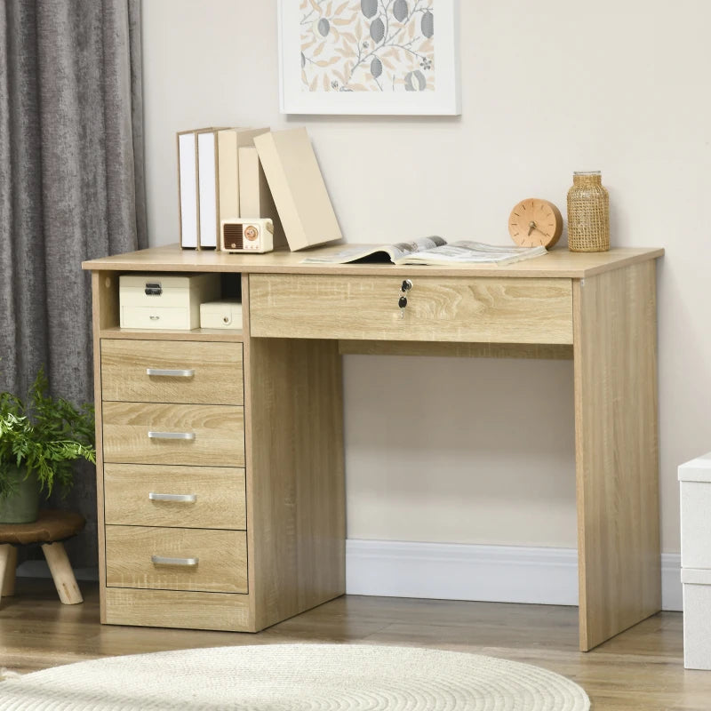 Stylish Oak Computer Desk with Lockable Drawer & Storage Shelf - Home Office & Study Furniture, 110x50x76 cm