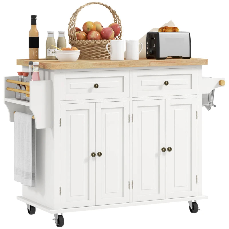 Rolling Kitchen Island Storage Trolley with Rubber Wood Top & Drawers - Cream White Dining Room Cart