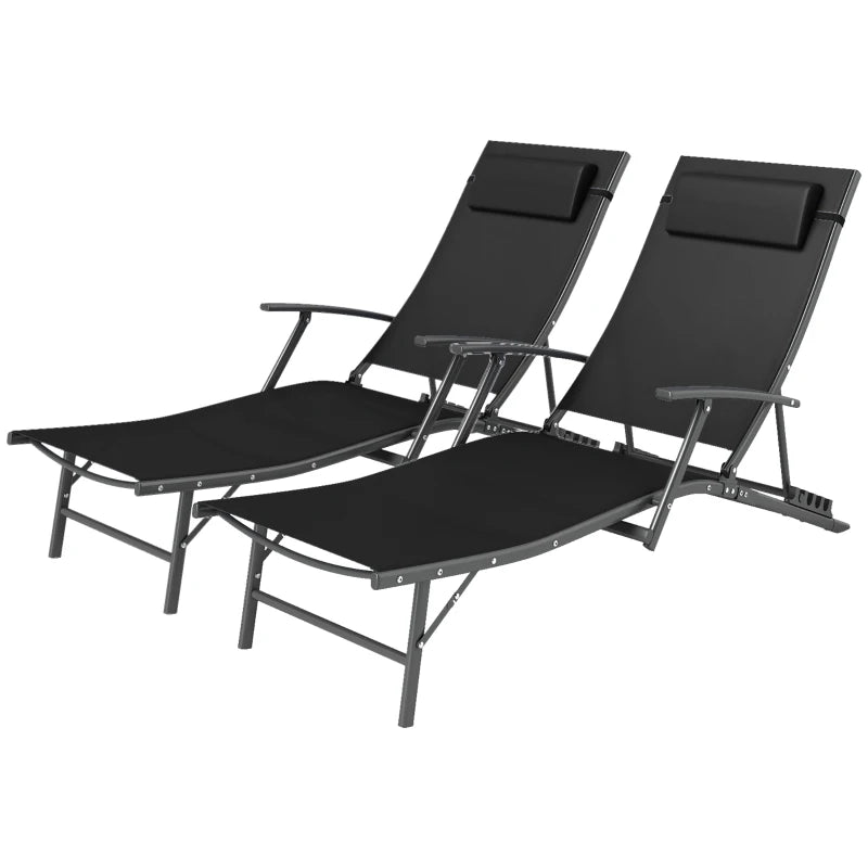 Set of 2 Adjustable Folding Sun Loungers - Black Outdoor Chaise Lounge Chairs with Armrests and Pillows, 4 Positions, Steel Frame for Garden, Patio, Beach and Poolside