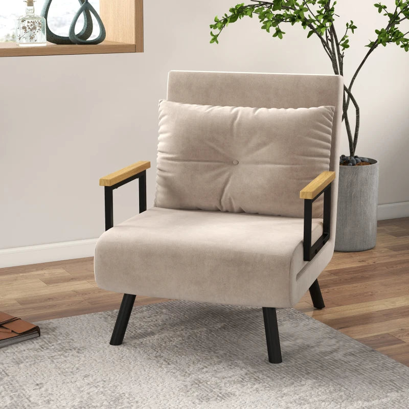 Velvet-Feel Single Chair Bed with Pillow in Beige – Versatile 4-in-1 Design for Comfort and Style
