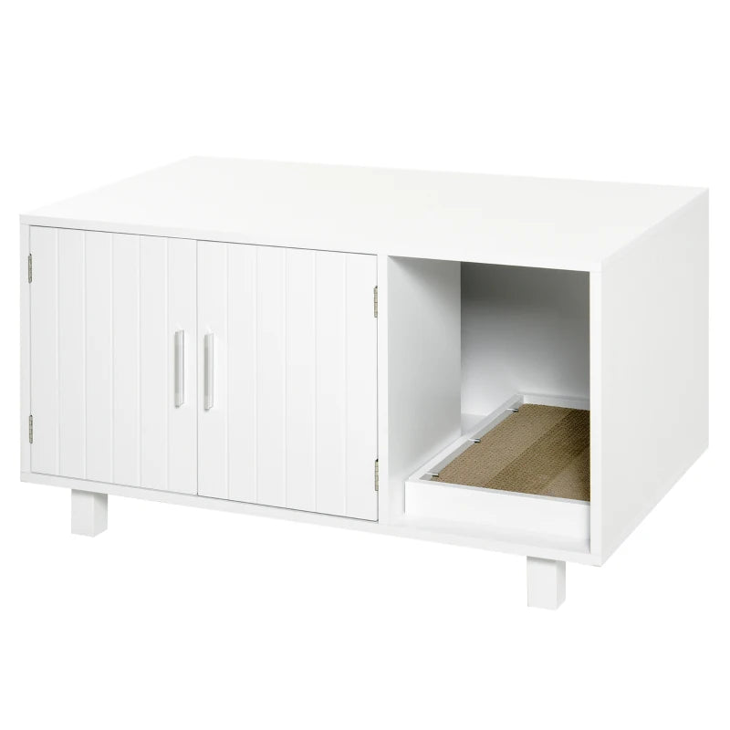 Wooden Cat Litter Box Enclosure with Nightstand Design, Scratching Post & Magnetic Doors - Stylish White Cat House