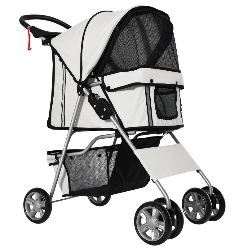 Foldable Pet Stroller for Small Dogs & Cats - Travel Carriage with Wheels, Zipper Entry, Cup Holder & Storage Basket - Grey