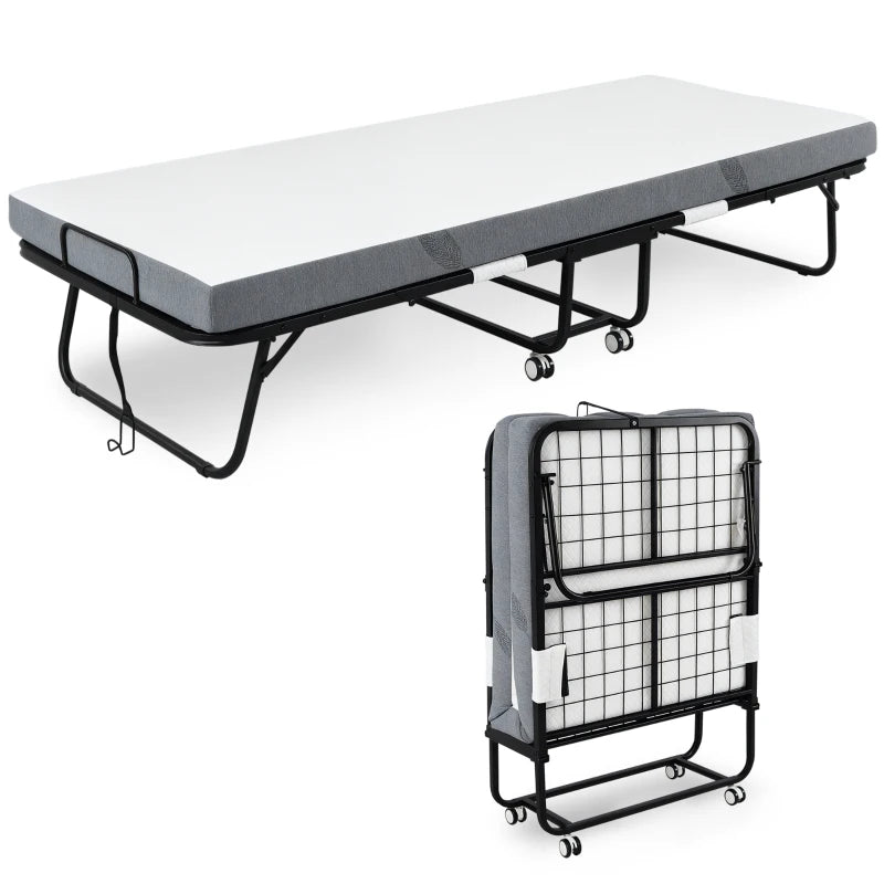 Portable Folding Guest Bed with 10cm Mattress Sturdy Metal Frame on Wheels