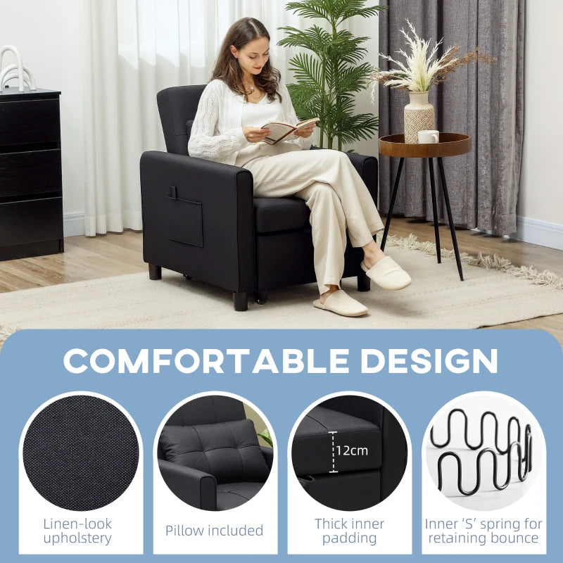 Linen-Look Black Single Chair Bed for Stylish Space-Saving Comfort