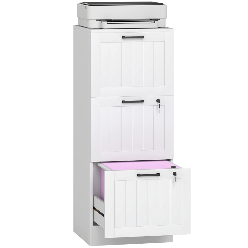 Secure 3 Drawer Filing Cabinet with Lock - Adjustable Hanging Bars for A4 Files - Stylish White Office Storage Solution