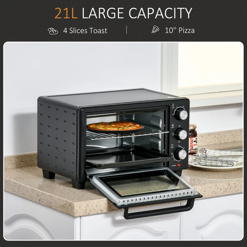 21L Mini Countertop Oven - Adjustable Temperature 100°C-230°C, Compact Black Design for Efficient Cooking