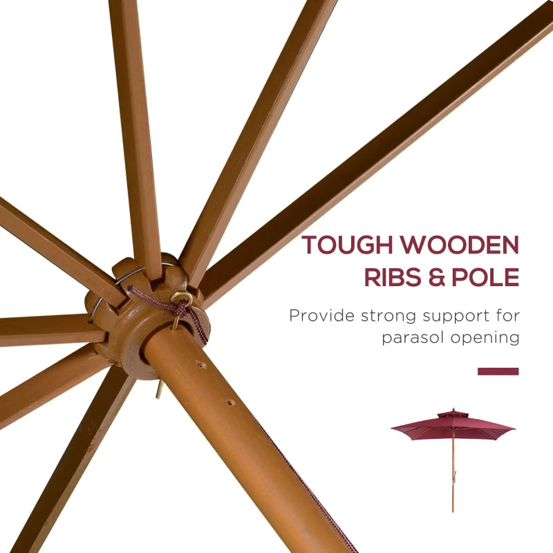 Double Tier Wine Red Wooden Garden Parasol Umbrella