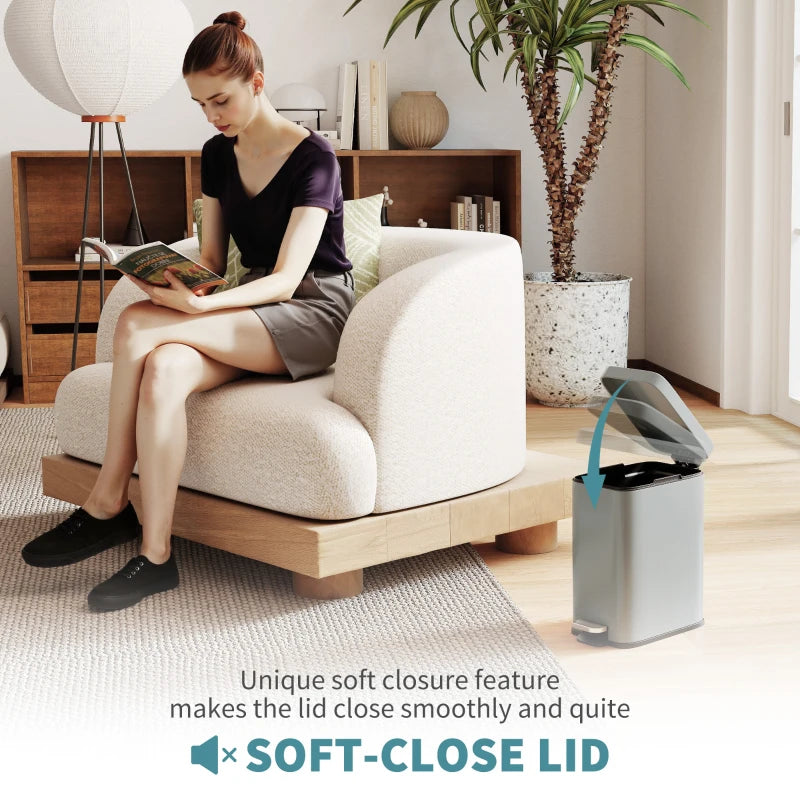 5L Rectangular Compact Steel Trash Can with Removable Bucket & Quiet-Close Lid - Ideal for Home, Office, Bathroom, Grey