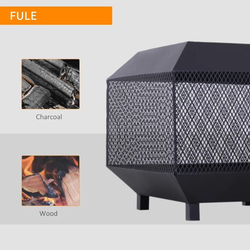 Metal Square Fire Pit with Lid & Poker - Outdoor Mesh Brazier for Backyard, Camping & Bonfire - 44x44x40cm, Black